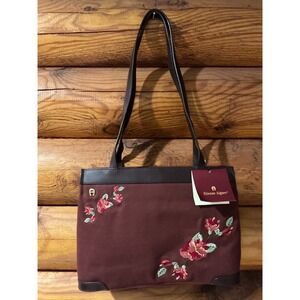 Etienne Aigner Burgundy Canvas Floral Embroidered Shoulder Bag Leather Trim NWT